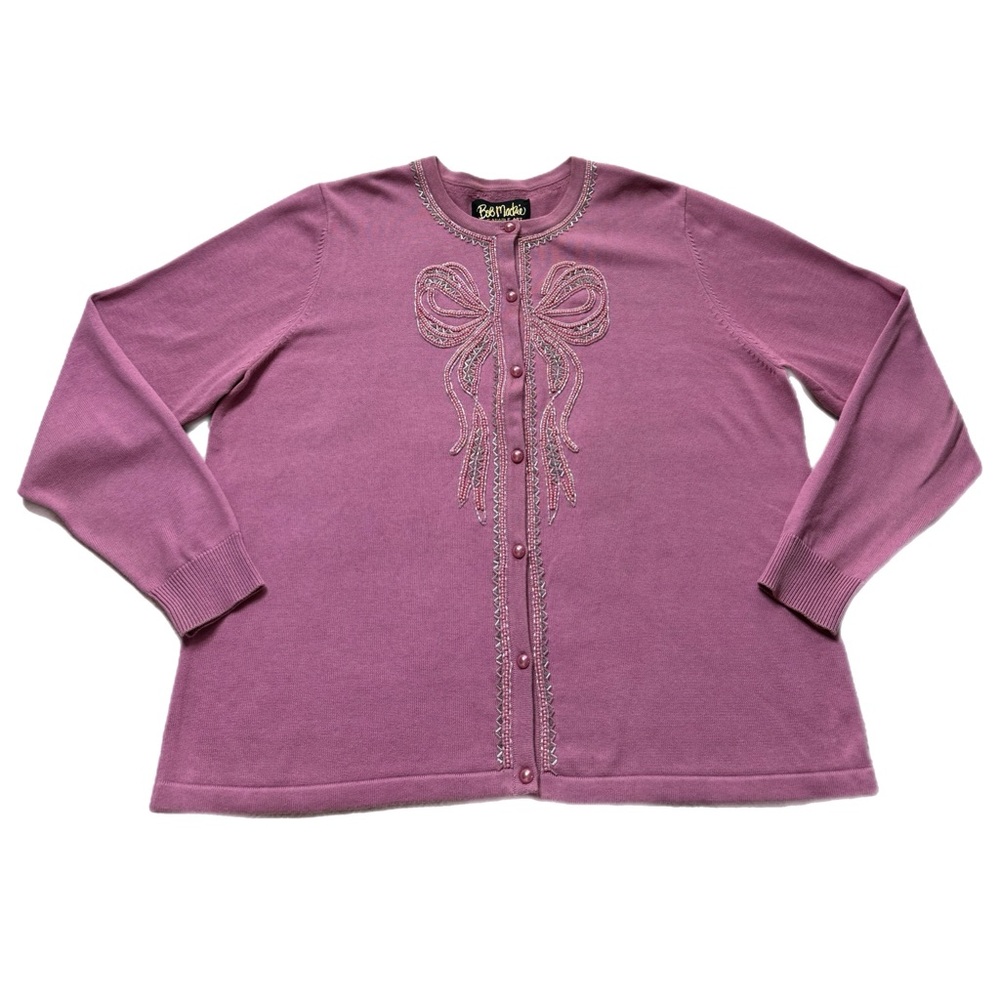 Bob Mackie Pink Pastel Embroidered Bow Cardigan Sweater Pearl Buttons L Coquette